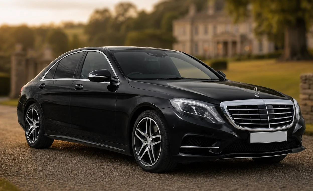 Mercedes-Benz S-Class at a country estate, front three-quarter exterior view